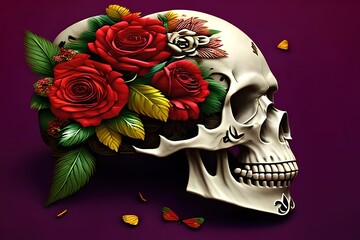 Mexican skull for  day of the dead with flowers. Dia de los muertos. M&eacute;xico. Ai generative