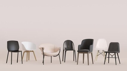 Animation with modern chairs and copy space for text, advertisement. Furniture store, interior details. Furnishings sale. Template with empty space. Minimalist design. 3d animation.