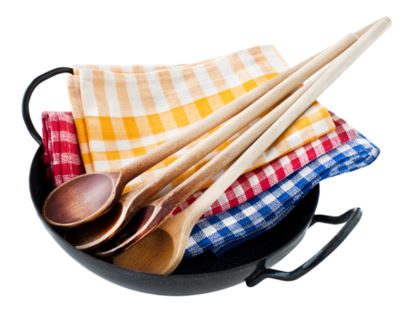 Frying  pan and kitchen towels with cooking spoons isolated on transparent background PNG cut out