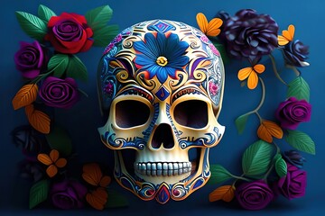 Mexican skull for  day of the dead with flowers. Dia de los muertos. México. Ai generative