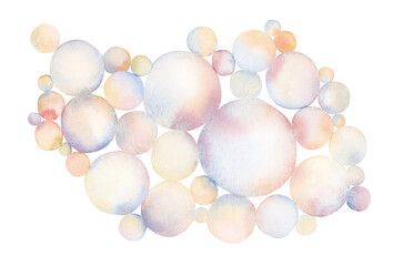 Watercolor soap bubbles, undersea air in gentle blue pink orange colors isolated on white for nursery designs