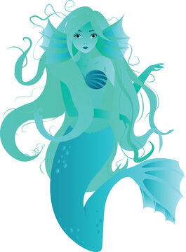 A charming mermaid with long aquamarine hair