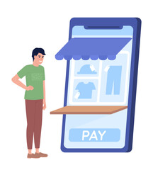 Male customer paying for clothes online flat concept vector spot illustration. Editable 2D cartoon character on white for web design. Creative idea for website, mobile, magazine. Quicksand font used