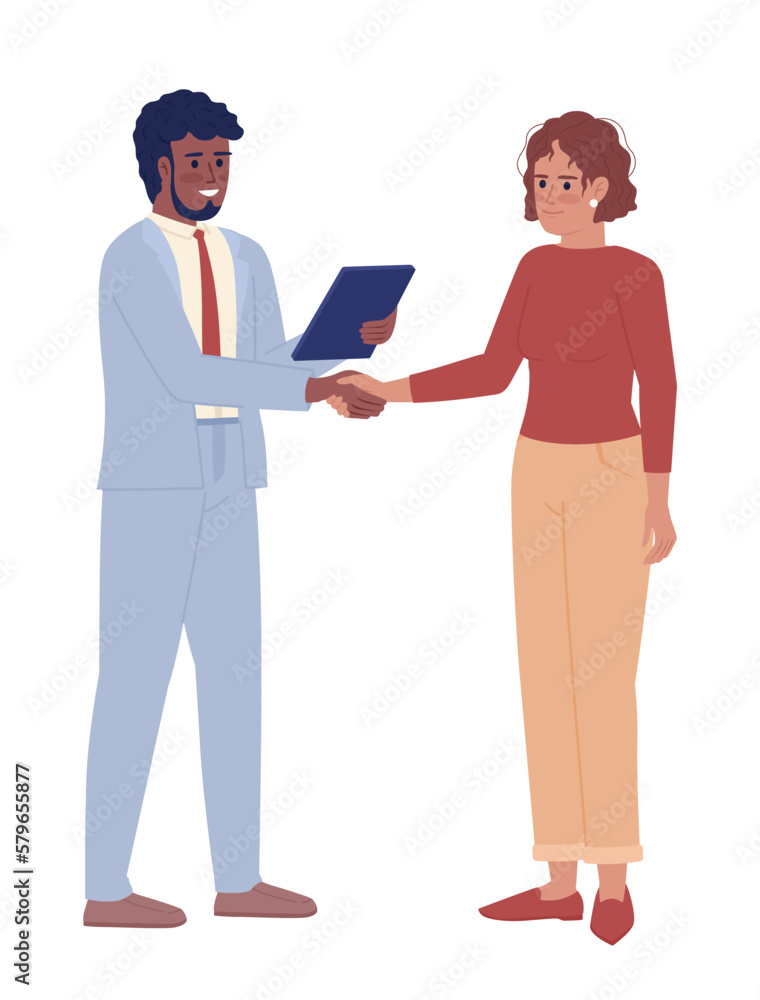 Aufkleber salesman maintaining relationships with client semi flat color vector characters. editable figures. 