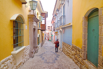 Calle Jaen, an Artistic Narrow Street with Groups of Stunning Colonial Buildings in La Paz, Bolivia, South America