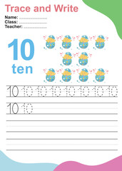 Number ten tracing practice worksheet with 10 chicks cracking from their eggs. Page for kids learning to count and to write. Vector Illustration. Exercise for children to recognize the number.