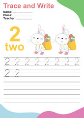 Number two tracing practice worksheet with 2 rabbits carrying a bag of Easter eggs. Page for kids learning to count and to write. Vector Illustration. Exercise for children to recognize the number.