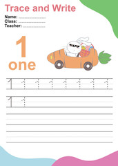 Number one tracing practice worksheet with 1 rabbit driving a carrot car. Page for kids learning to count and to write. Vector Illustration. Exercise for children to recognize the number.