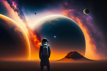 Lone Astronaut In Spacesuit Standing On The Moon Looking At The Distant Earth