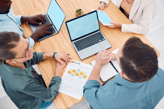 Laptop screen, mock up and business people in marketing, budget and finance meeting for strategy, planning and web design innovation. Corporate team on notebook and green screen for advertising above