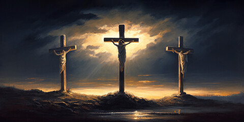 Three crosses on Calvary oil painting symbolic of the crucifixion of Jesus Christ. Conceptual Christian art