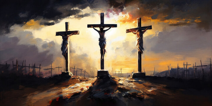 Three crosses on Calvary oil painting symbolic of the crucifixion of Jesus Christ created with Generative AI