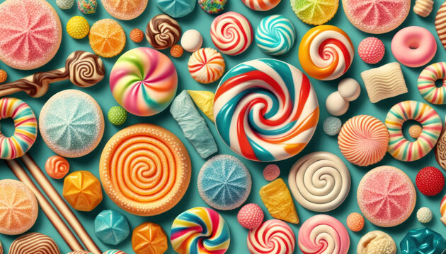Variety of colorful candy and cookies on a vibrant patterned background