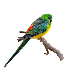 Multicolored parrot sitting on twig isolated o white background.