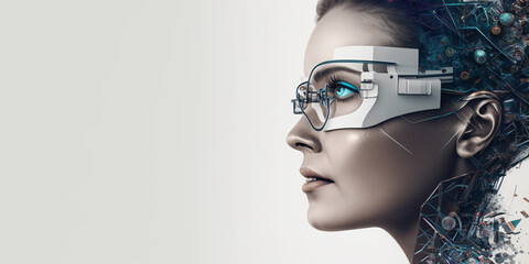 Profile portrait of robot bot ai with connected glasses white background. Synthetic humanoid robot, artificial intelligence.Portrait of gynoid,futuristic cyborg. Banner with space for text, copy space - obrazy, fototapety, plakaty