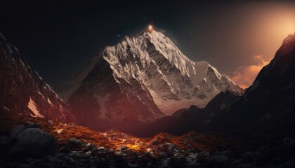 View of the Himalayas during a foggy sunset night - Mt Everest visible through the fog with dramatic and beautiful lighting with Generate AI