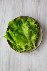 Raw Green Leaf Lettuce on a Plate, top view.