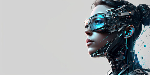 Profile portrait of robot bot ai with connected glasses white background. Synthetic humanoid robot, artificial intelligence.Portrait of gynoid,futuristic cyborg. Banner with space for text, copy space