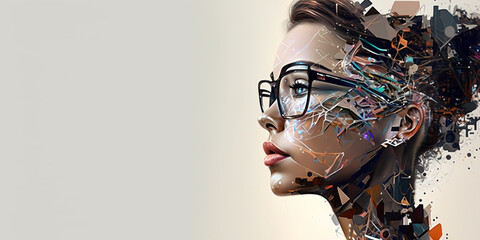 Profile portrait of robot bot ai with connected glasses white background. Synthetic humanoid robot, artificial intelligence.Portrait of gynoid,futuristic cyborg. Banner with space for text, copy space
