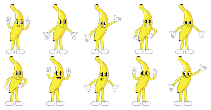 A set of banana cartoon groovy stickers with funny comic characters, gloved hands. Modern illustration with legs and arms.