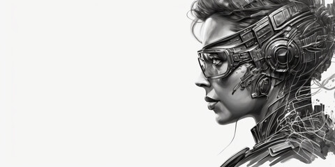 Profile portrait of robot bot ai with connected glasses white background. Synthetic humanoid robot, artificial intelligence.Portrait of gynoid,futuristic cyborg. Banner with space for text, copy space
