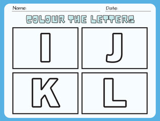 Worksheet for color letters I, J, K, L. Kids activity sheet. an educational page for children's coloring books. Developing skills for writing and tracing abc