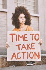 City, human rights and woman with cardboard sign, student protest in support of women, time for...