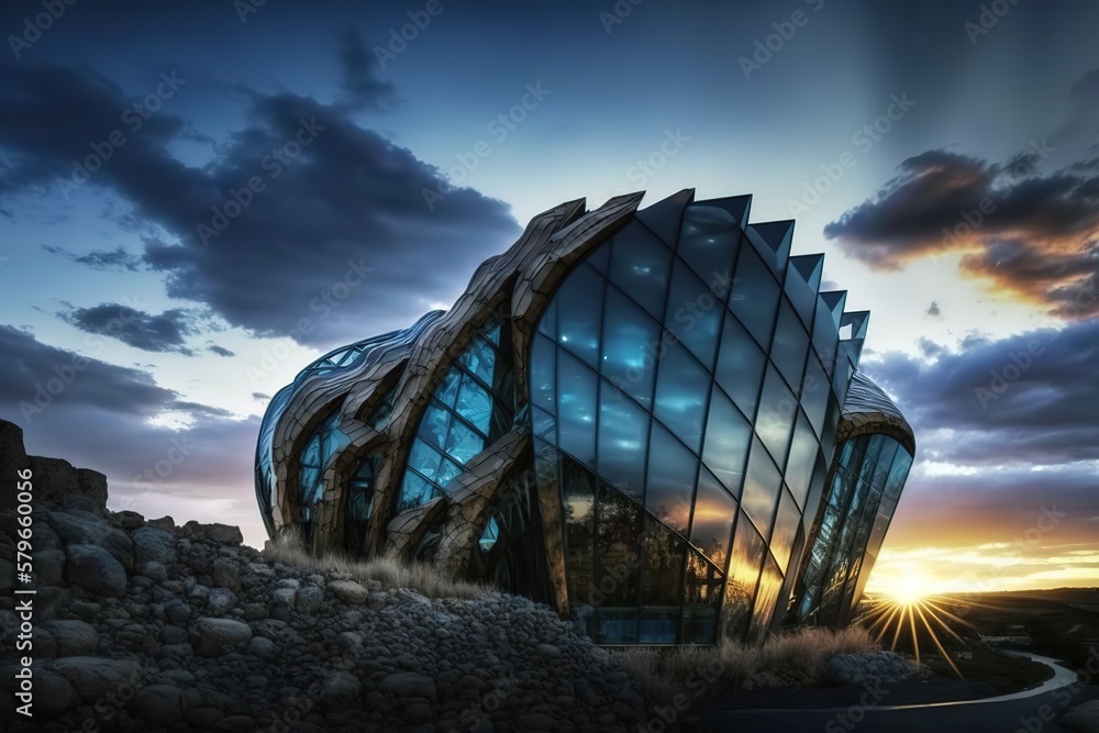 Aufkleber A modern house with panoramic windows on a beautiful evening, under a bright blue sky and the setting sun. Generative AI