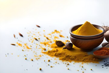 Turmeric powder in bowl and fresh turmeric root. Banner with copy space. Ai generative