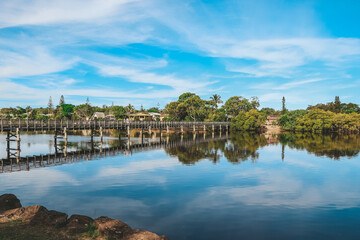 Fototapeta na wymiar Walk bridge reflections at Brunswick Heads, NSW