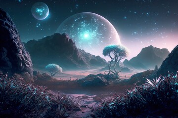 Stunning Night extraterrestrial scene. Huge mountains against Starry sky. Fantasy landscape. Alien planet. Photorealistic Generative AI illustration.