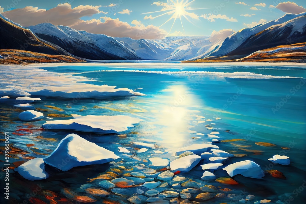 Aufkleber winter landscape of mountain peaks and river with blocks of ice under the bright sun. generative ai