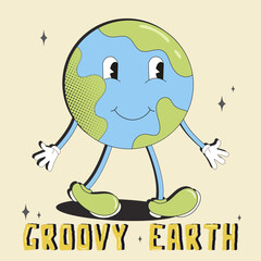 Retro groovy cartoon style earth planet.Earth Day. Cartoon cute earth planet character. Concept of World Environment Day in retro style.  World Environment Day. Save the Earth. 70s.
