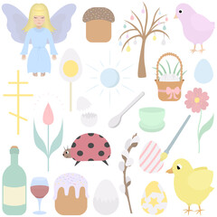 Easter set of colorful illustrations. Spring collection. Color vector clipart. Flat style. Easter egg, chick, flower, fairy. Isolated background. Happy Easter. Idea for web design.