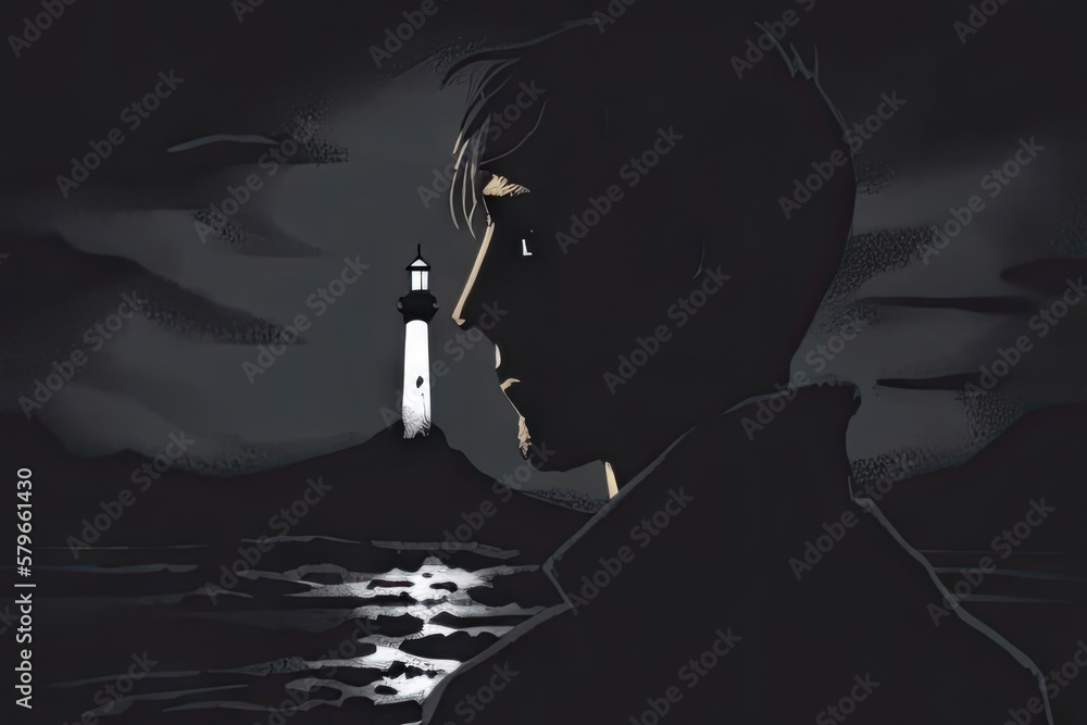 Poster an image of a person shrouded in darkness the light of a distant lighthouse slicing through and illu