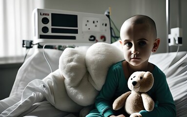 Beautiful lonely sad girl hugging a soft teddy bear. Close up. Sick hairless boy in hospital fighting for his life. Hero. Generative AI - obrazy, fototapety, plakaty