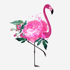 Fashion illustration with pink flamingo and roses, apparel print - 579661646