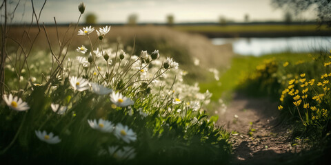 Obraz na płótnie Canvas Paysage de fleurs des champs prise au ras du sol, au printemps avec l'arrière plan flou, effet bokeh