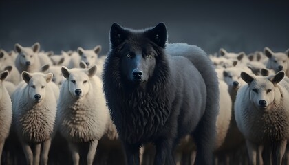 Black Wolf Standing In Flock of Sheep