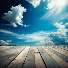 Naklejka na ściany i meble Old wood floor perspective under bright blue sky. Generative AI