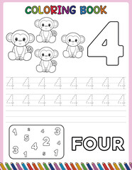 Animals cartoon. Number trace worksheet for kids and coloring book. Black and white. Activity Book.
