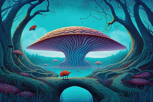 Mushroom giant on the blue surface of the water, surrounded by bare tree trunks. Generative AI