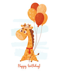 Greeting card with cute giraffe in birthday hat with balloons and inscription Happy Birthday. Vector illustration. Template with funny animal for kids collection, holiday cards, print and decor