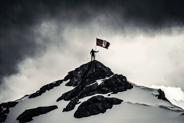 Silhouette of a businessman stands triumphantly on a mountain top, holding a flag against the backdrop of a bright sky and sun, powerful and inspiring image created with generative ai technology