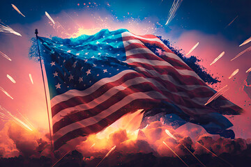 Design featuring the USA flag against a backdrop of fireworks, created to celebrate the country's Independence Day on the 4th of July, created with generative ai technology