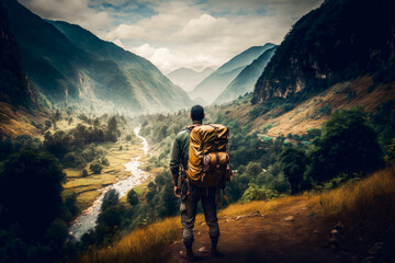 Fototapeta premium Rear view of backpacker on the top of moutain, beautiful view created with generative ai technology.