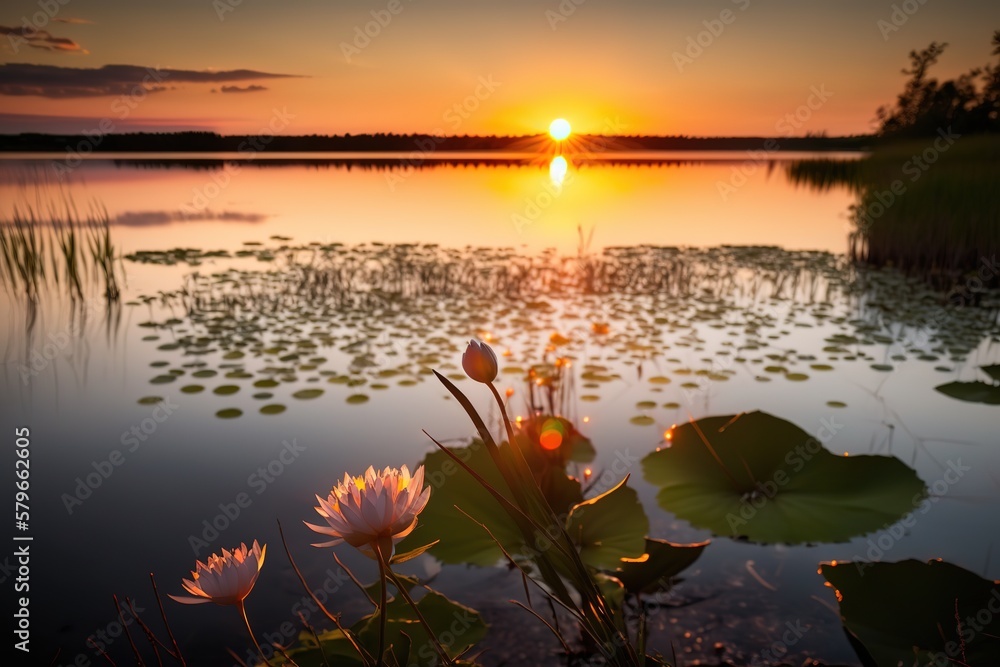 Poster Sunset over a large pond, water lilies in the evening sun. Generative AI