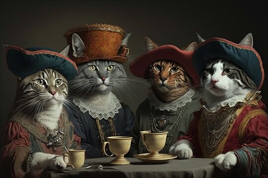 Cats in count outfits sit at the table and drink tea. Generative AI