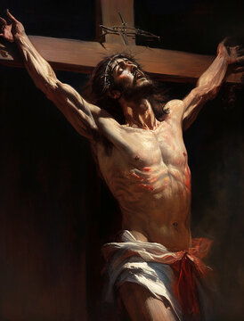 Jesus Christ on the cross crucifixion oil painting created with Generative AI