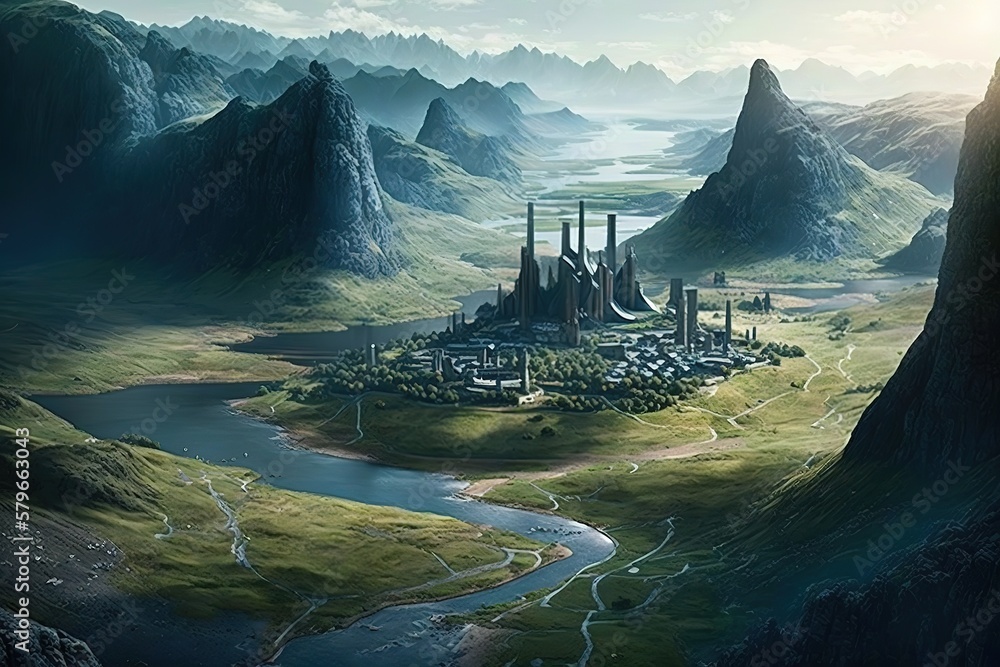 Aufkleber a beautiful and large palace in the mountains with green fields, trees and a river. generative ai